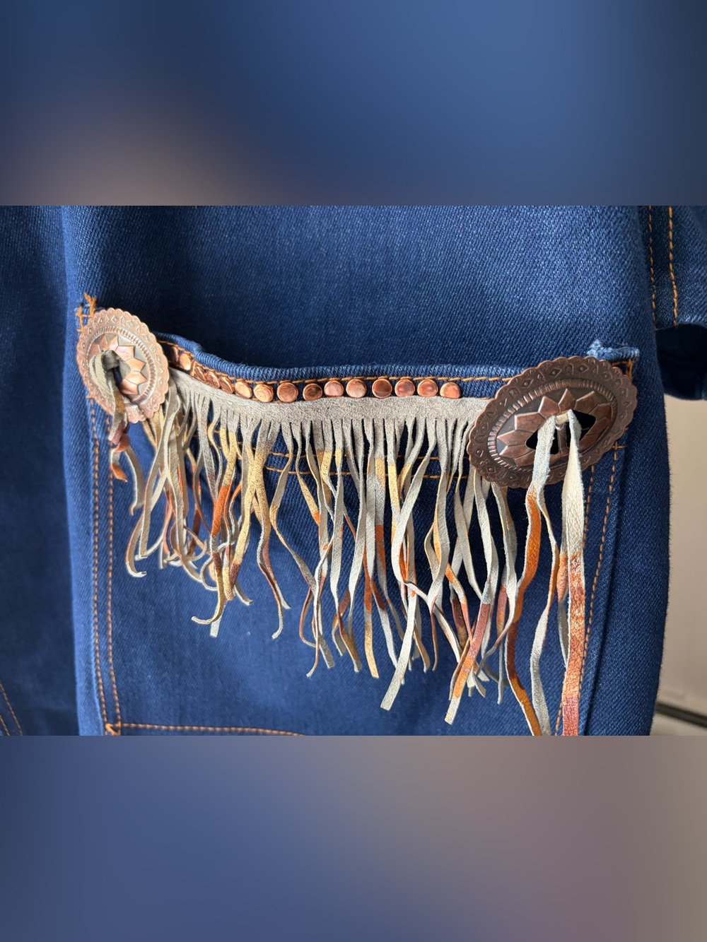 🎉HP🎉 Rare 70s Le Roy Couture Asymmetric Denim Fringe Dress Sz L Western Boho EUC - Picture 5 of 6